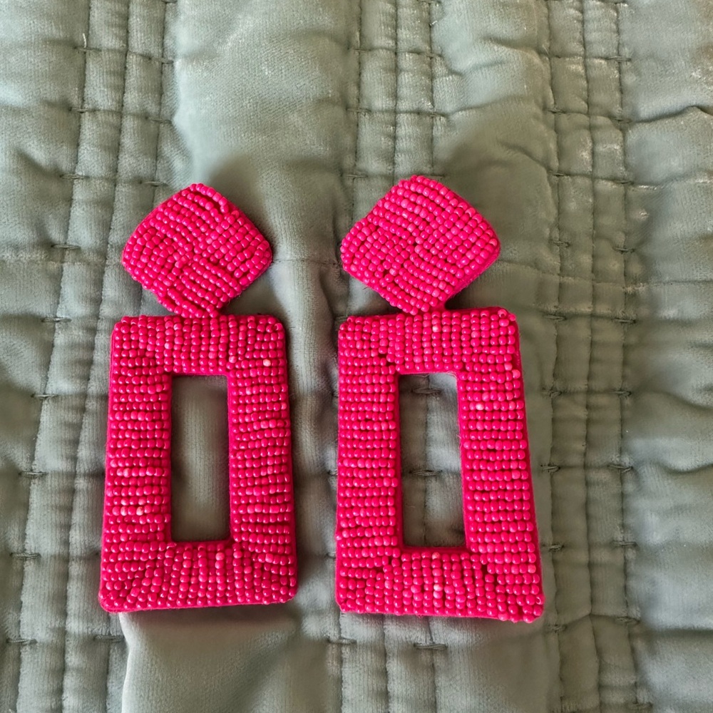 Pink Beaded Geometric Earrings